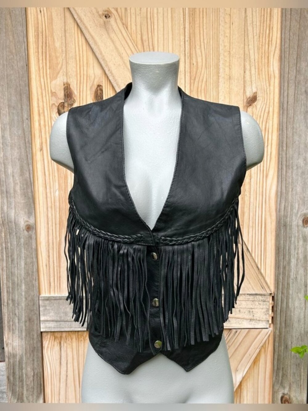 Unik International Black Leather Lace Up Concho Fringe Motorcycle Biker Vest~XL~